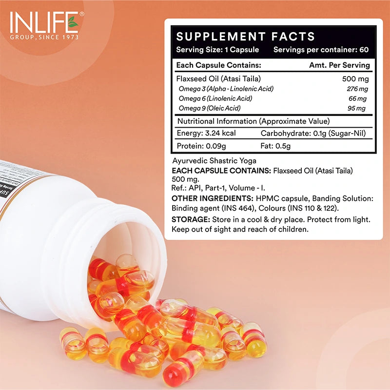 Inlife Flaxseed Oil Omega 3, 6, 9 Fatty Acids Supplement, 500mg, Veg. Capsules