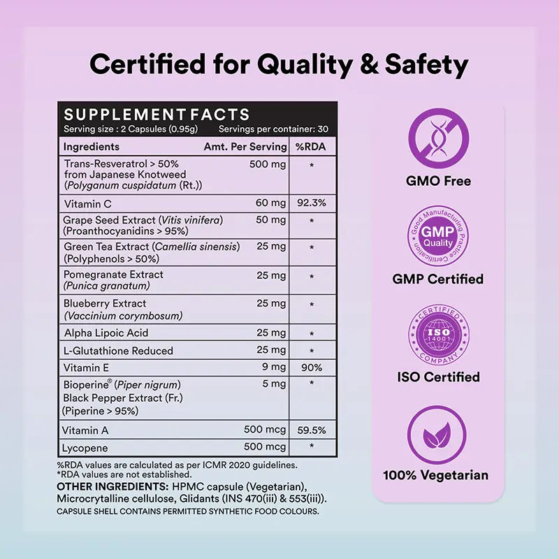 Inlife Natural Resveratrol Japanese Knotweed 750 mg | Antioxidant-Rich Supplement with Grape Seed, Green Tea, Vitamin C, L-Glutathione & Bioperine | Veg Capsules