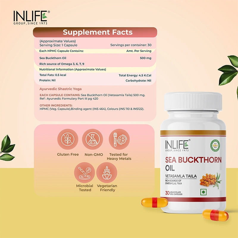 Inlife Sea Buckthorn Oil, 500 mg, Liquid Filled Capsules