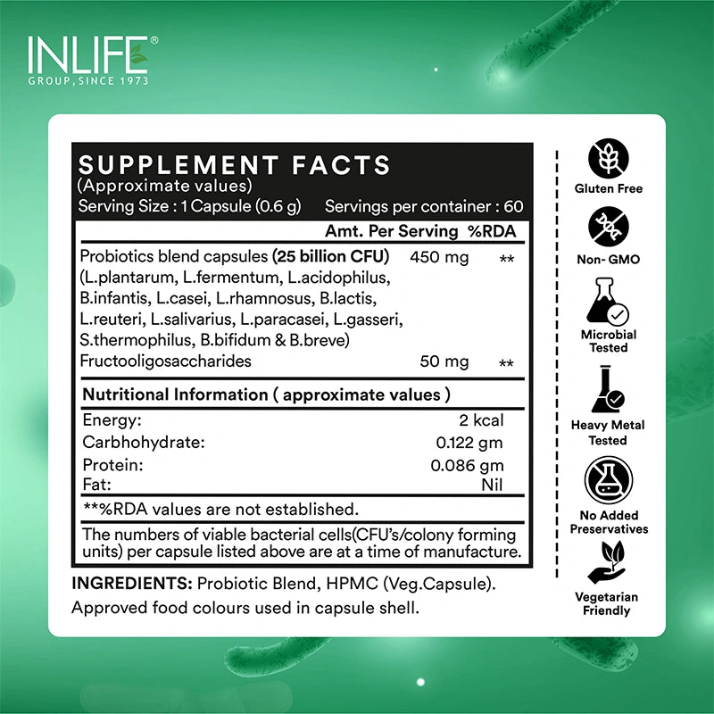 Inlife Prebiotic & Probiotics Forte + Digestive Enzymes | 25 billion CFU | Vegetarian Combo Pack