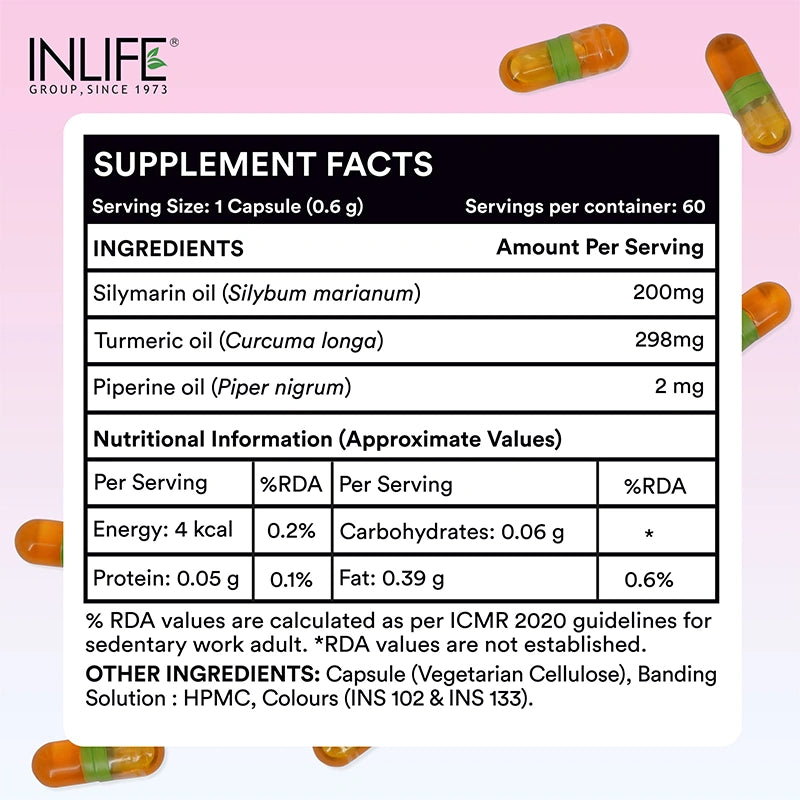 Inlife Silymarin Oil Capsules 200 mg with Turmeric & Piperine | Milk Thistle Extract Capsules for Liver Support & Antioxidant Formula | Veg. Capsules