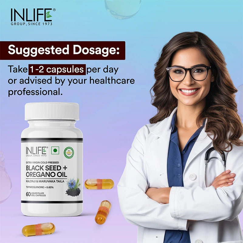 Inlife Black Seed Oil (480 mg) & Oregano Oil (20 mg, 50:1) Capsules, Extra Virgin Cold-Pressed | Thymoquinone > 0.83% | Carvacrol > 80% | Liquid-Filled Veg Capsules