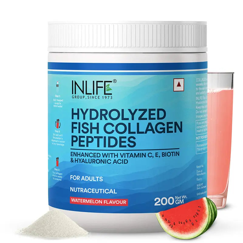 Inlife Hydrolyzed Marine Fish Collagen Peptides Supplement | Enhanced with Vitamin E, Vitamin C, Biotin, Hyaluronic Acid 200g