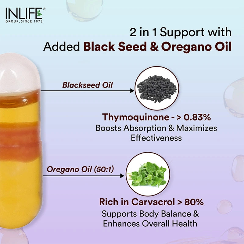 Inlife Black Seed Oil (480 mg) & Oregano Oil (20 mg, 50:1) Capsules, Extra Virgin Cold-Pressed | Thymoquinone > 0.83% | Carvacrol > 80% | Liquid-Filled Veg Capsules