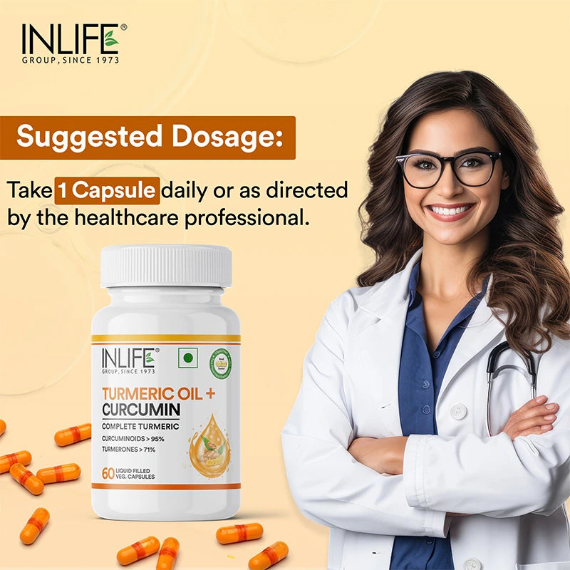 Inlife Turmeric Oil + Curcumin | Liquid Filled HPMC Capsules | 60 Veg. Capsules