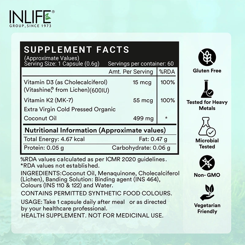 Inlife Plant Based Vitamin D3 K2 Supplement, Lichen Source, 600 IU, Veg. Capsules