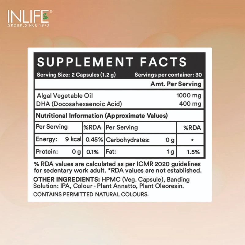 Inlife Vegetarian DHA | Omega 3 Algal Oil Supplement | 400mg per serving |Veg. Capsules
