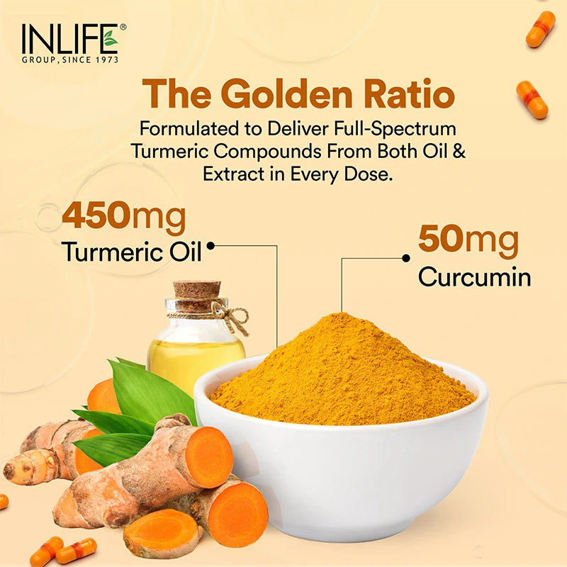 Inlife Turmeric Oil + Curcumin | Liquid Filled HPMC Capsules | Veg. Capsules