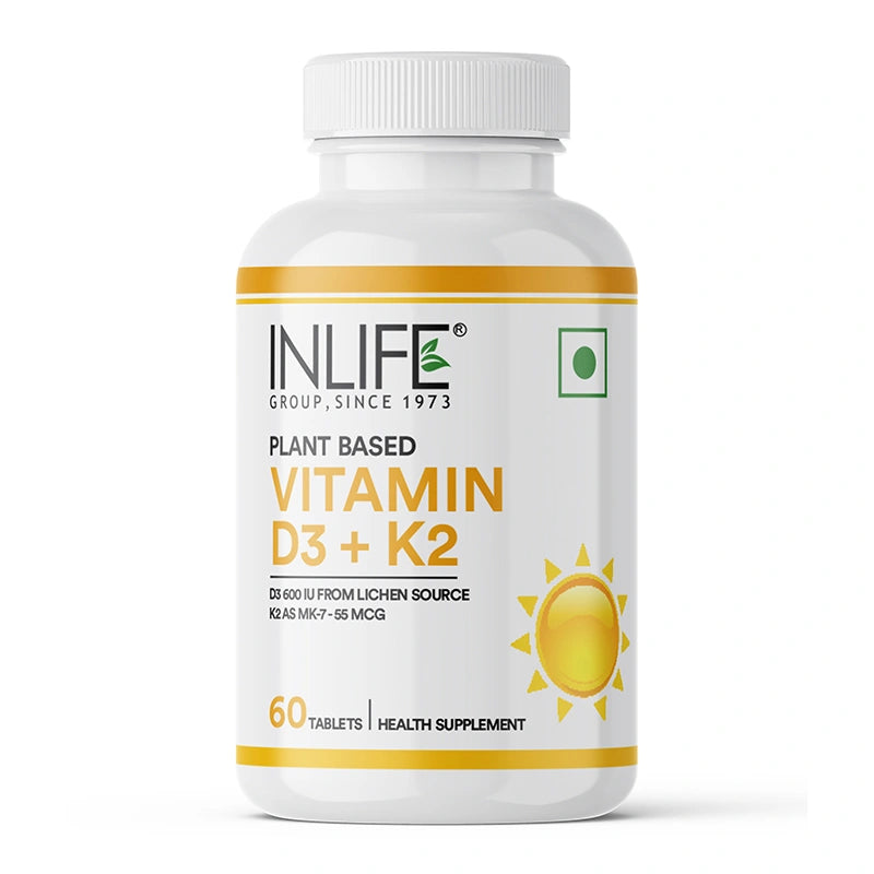 Inlife Plant-Based Vitamin D3 + K2 (MK7), 600 IU Lichen-Sourced D3 & 55 mcg MK7, Veg. Tablets