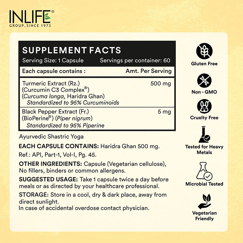 Inlife Curcumin (95% Curcuminoids) with Piperine (Bioperine), 500 mg | Veg. Capsules
