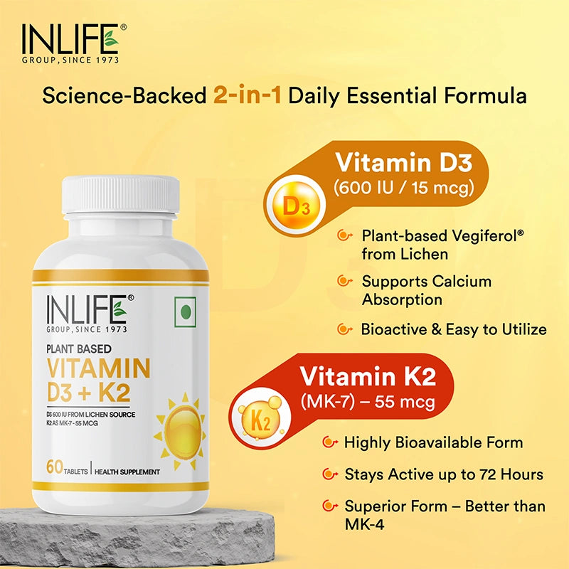 Inlife Plant-Based Vitamin D3 + K2 (MK7), 600 IU Lichen-Sourced D3 & 55 mcg MK7, Veg. Tablets