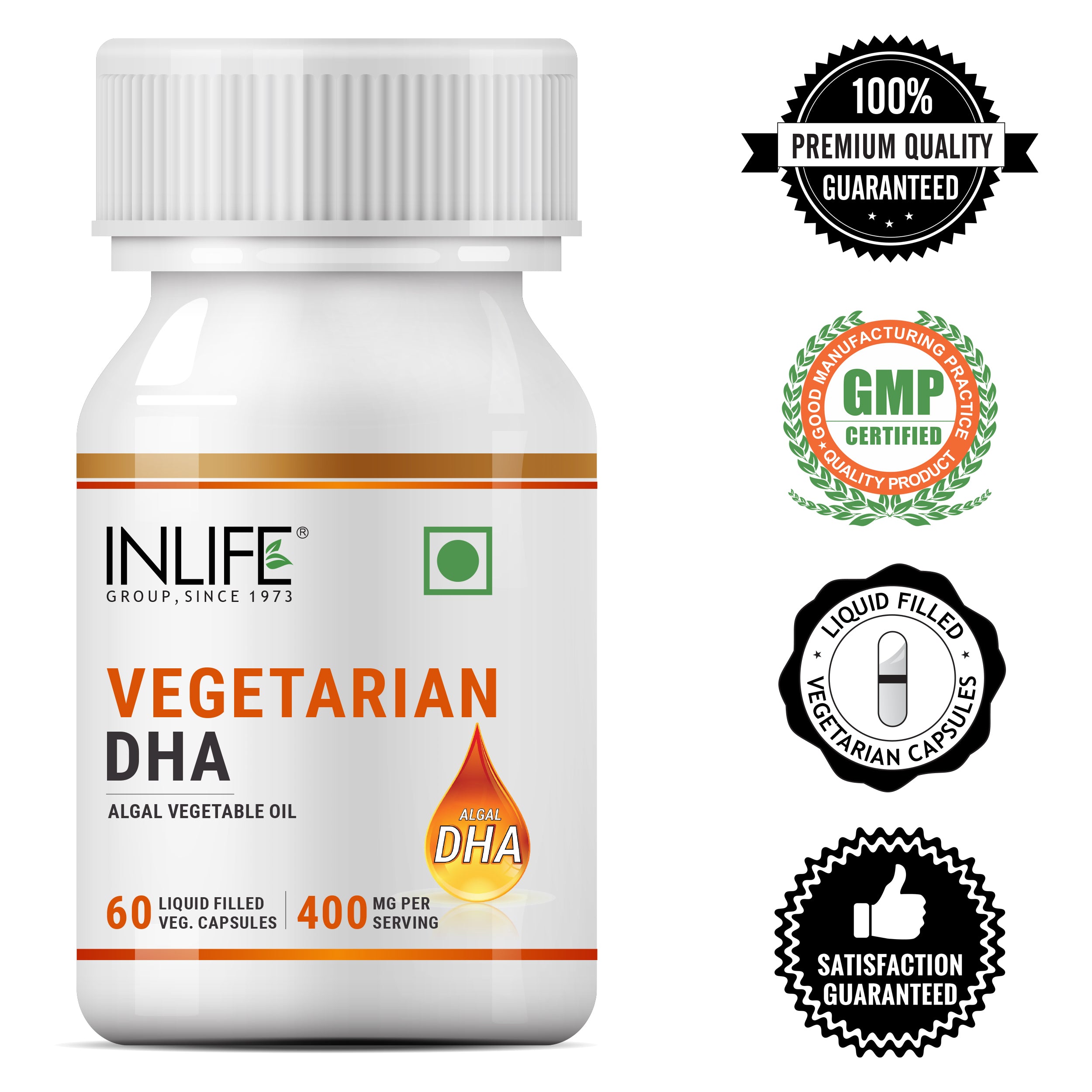 INLIFE Vegetarian DHA, Omega 3 Algal Oil Supplement, 400mg per serving - 60 Vegetarian Capsules