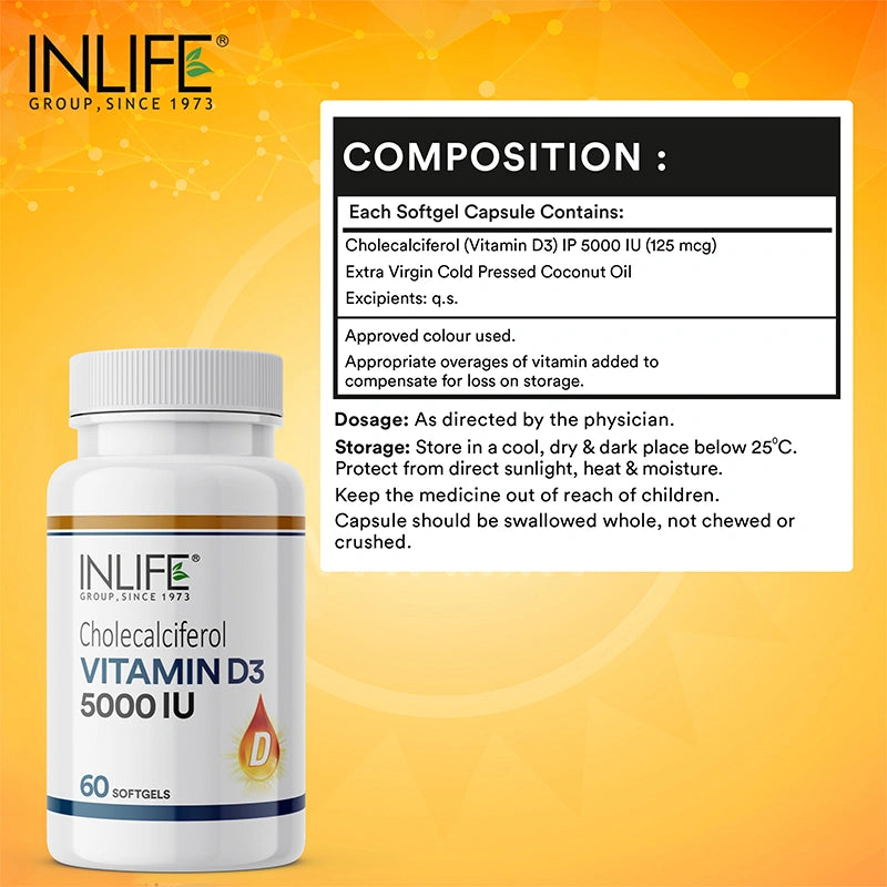 INLIFE Vitamin D3 5000 IU Cholecalciferol, 60 Softgels