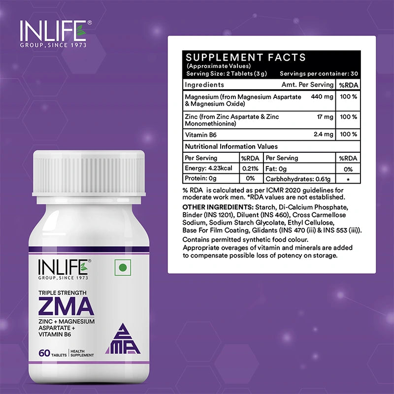 Inlife ZMA- Zinc Magnesium Aspartate and Vitamin B6 Supplement for Men and Women | Muscle Recovery and Sleep Support Supplement | Vegetarian Tablets