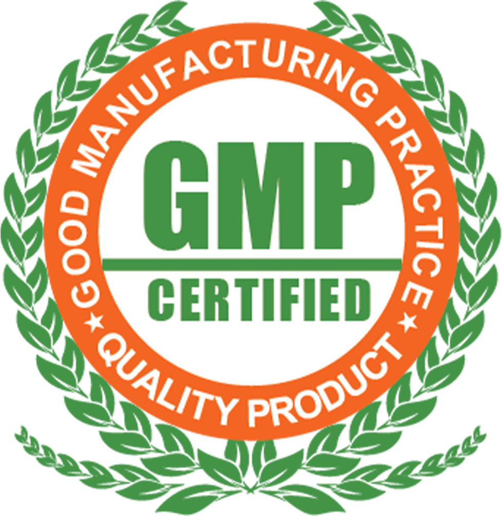 Logo for GMP Certified (Good Manufacturing Practice), indicating high standards in manufacturing, quality, and testing
