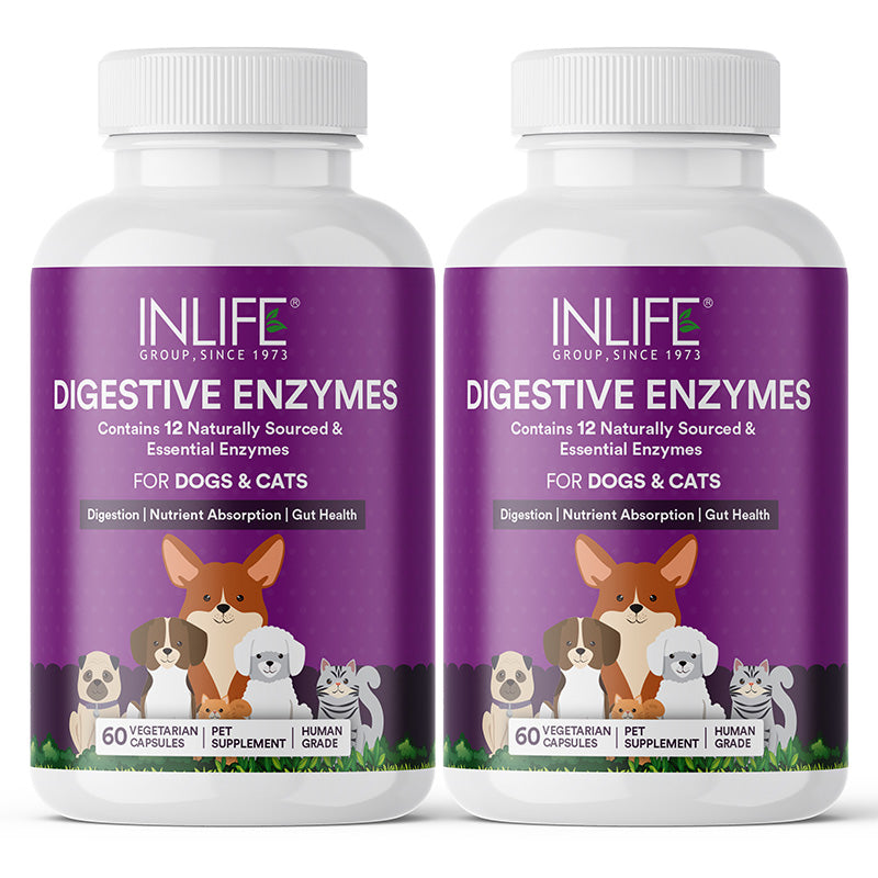 Inlife Digestive Enzymes for Dogs Cats | 12 Naturally Sourced & Essential Enzymes | Veg. Capsules