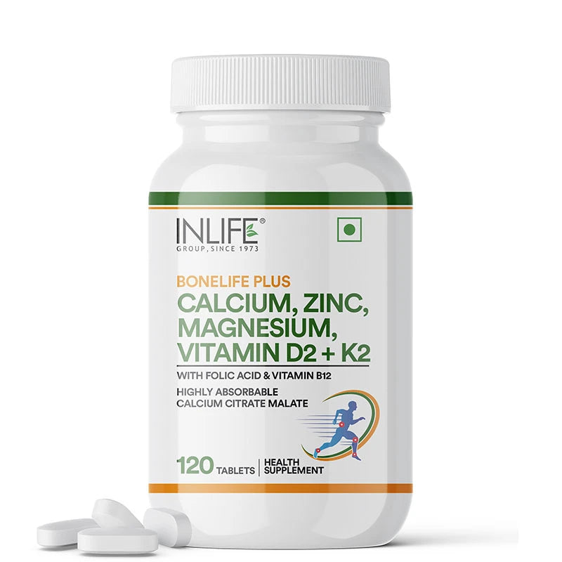 Inlife Bonelife Plus Formula | Calcium Citrate Malate, Magnesium, Zinc, Folic Acid, Vitamin D2, K2 & B12 | Supports Bone & Nutritional Health Tablets