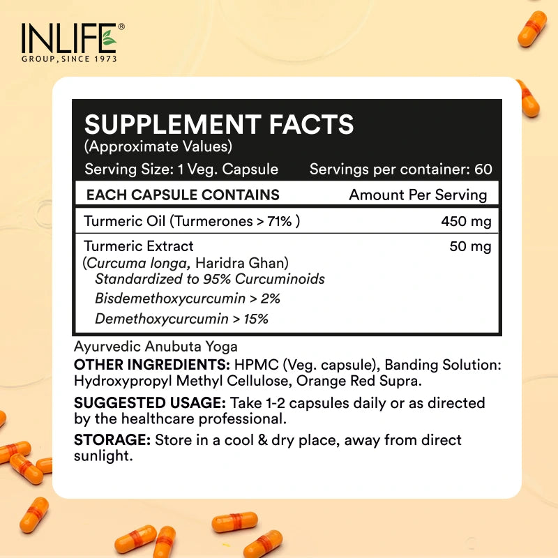 Inlife Turmeric Oil + Curcumin | Liquid Filled HPMC Capsules | 60 Veg. Capsules