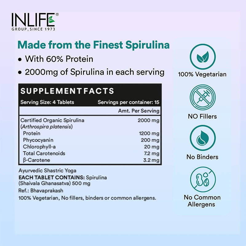 Inlife Spirulina | Organic Blue - Green Algae Superfood with Phycocyanin & Antioxidants, 2000 mg (per serving) | Veg Tablets