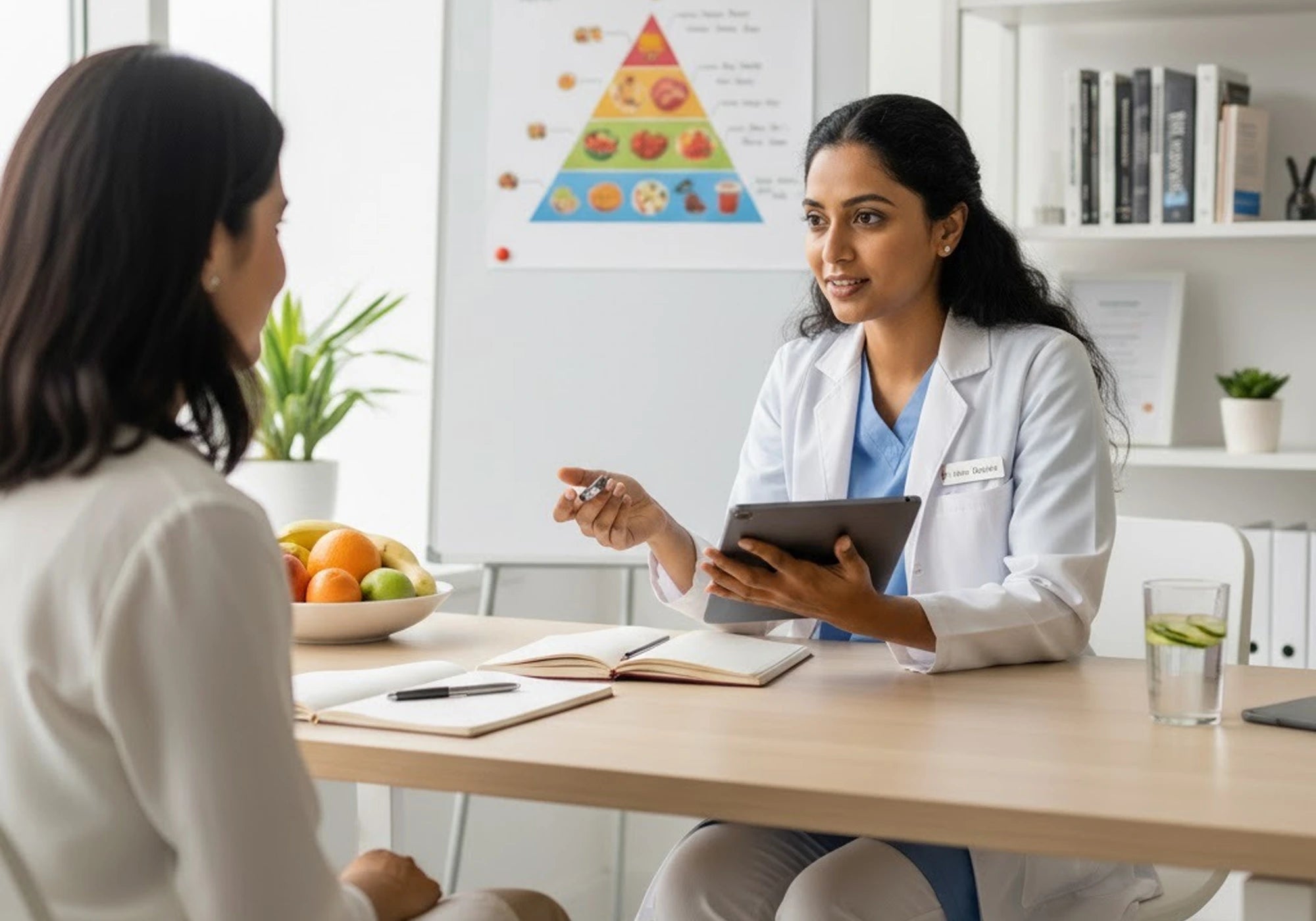 Suggested dosage of Inlife Hing oil Capsules a female healthcare professional in a clinic or office setting discussing supplement dosage (1 capsule-daily) with a patient while pointing to a tablet device.