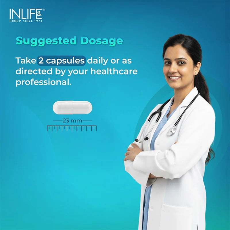 Suggested dosage for INLIFE Aquamin Magnesium capsules with nutritionist guidance.