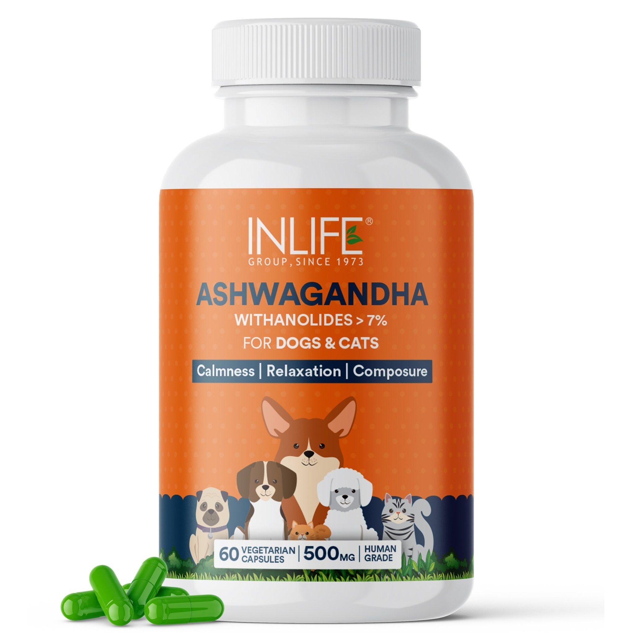 INLIFE Ashwagandha for Pets, Dogs & Cats | Relaxation , Calmness | 500mg | 60 Vegetarian Capsules - Inlife Pharma Private Limited