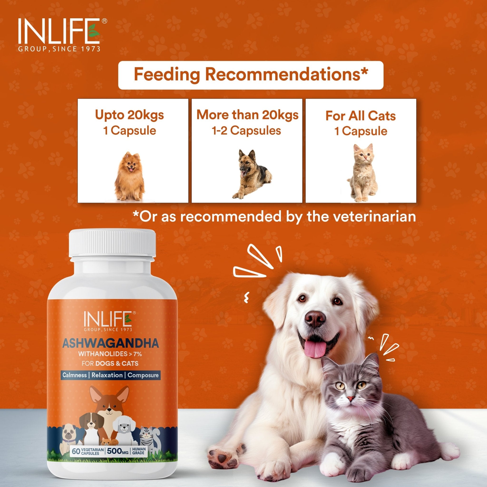 INLIFE Ashwagandha for Pets, Dogs & Cats | Relaxation , Calmness | 500mg | 60 Vegetarian Capsules - Inlife Pharma Private Limited