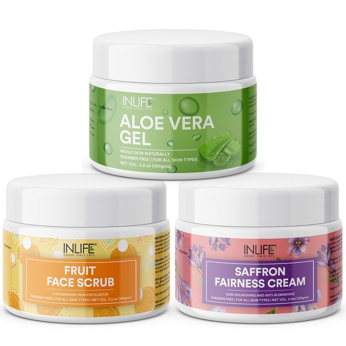 INLIFE Beauty Combo Pack, Aloe Vera Gel+Fruit Face Scrub+Saffron Fairness Cream (100g each) - Inlife Pharma Private Limited