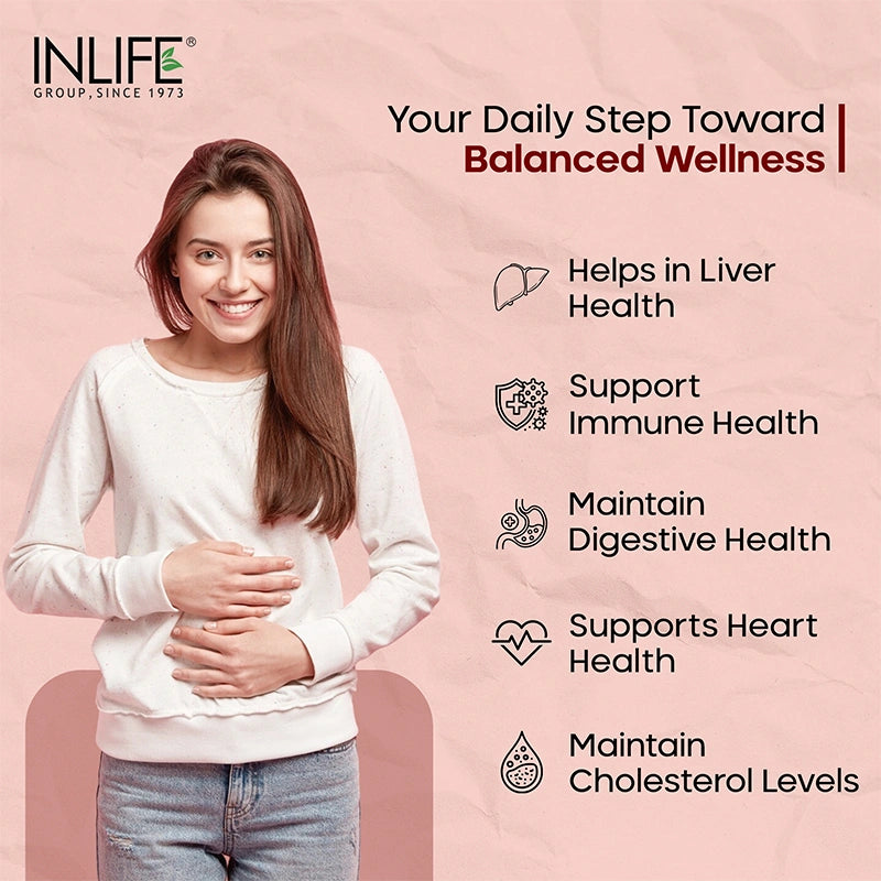 Woman holding her stomach with icons highlighting key benefits of Inlife Berberine HCl 500mg capsules, including liver, immune, digestive, heart, and cholesterol health