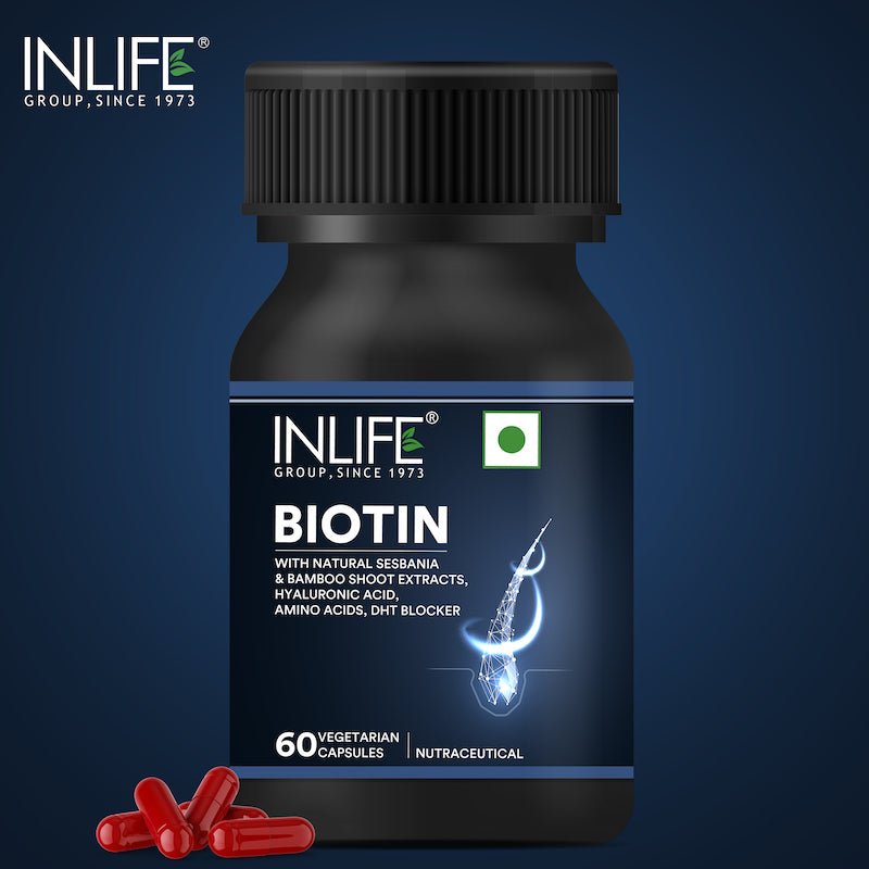 INLIFE Biotin Supplement for Hair, DHT Blocker with Sesbania, Bamboo Shoot - 60 Vegetarian Capsules - Inlife Pharma Private Limited