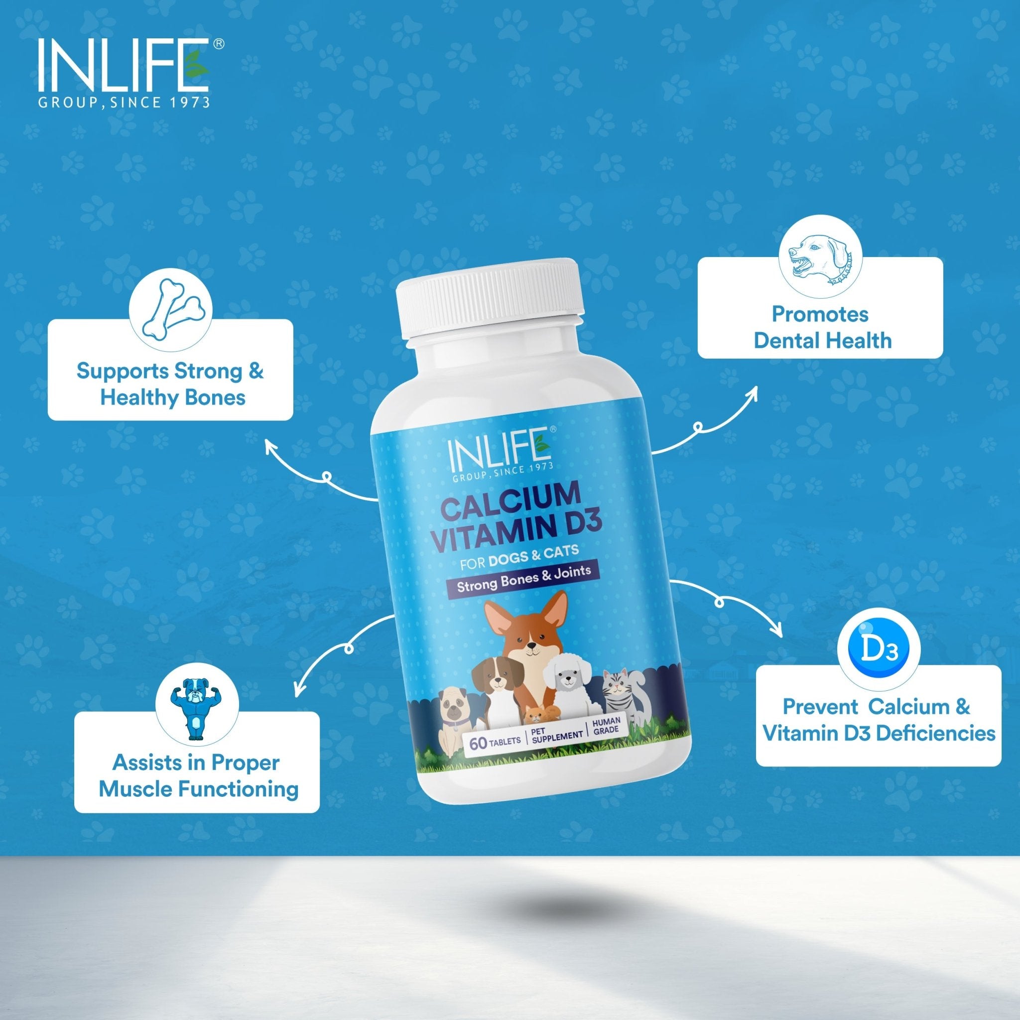 INLIFE Calcium Tablets for Dogs Cats with Vitamin D3 | Stronger Bones, Teeth & Joint Support In Pets- 60 Tablets - Inlife Pharma Private Limited