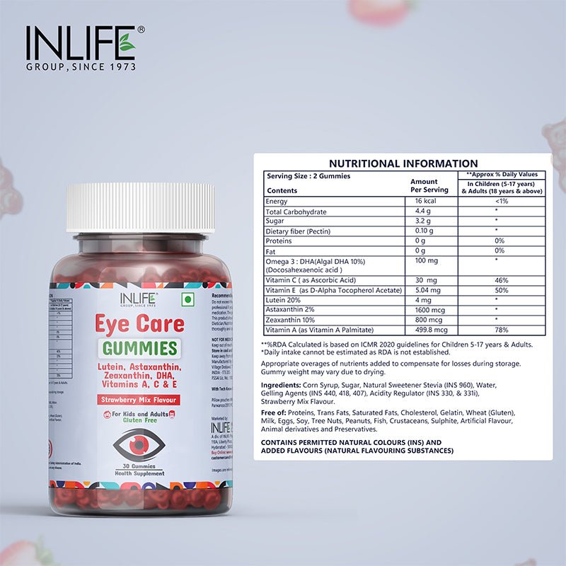 INLIFE Eye Care Supplement with Lutein, Zeaxanthin, Omega 3 - 30 Gummies (Strawberry Mix) - Inlife Pharma Private Limited