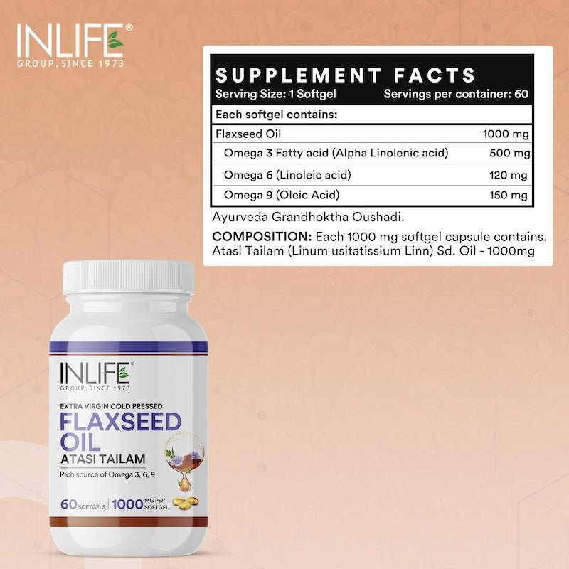 INLIFE Flaxseed Oil Capsules (Omega 3 6 9), 1000mg - 60 Softgels - Inlife Pharma Private Limited