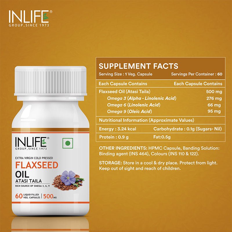 INLIFE Flaxseed Oil Omega 3,6,9 Fatty Acids Supplement, 500mg-60 Veg. Capsules - Inlife Pharma Private Limited