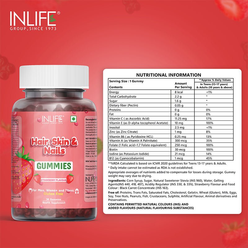 INLIFE Hair Skin & Nails Supplement with Biotin - 30 Gummies (Strawberry Flavour) - Inlife Pharma Private Limited