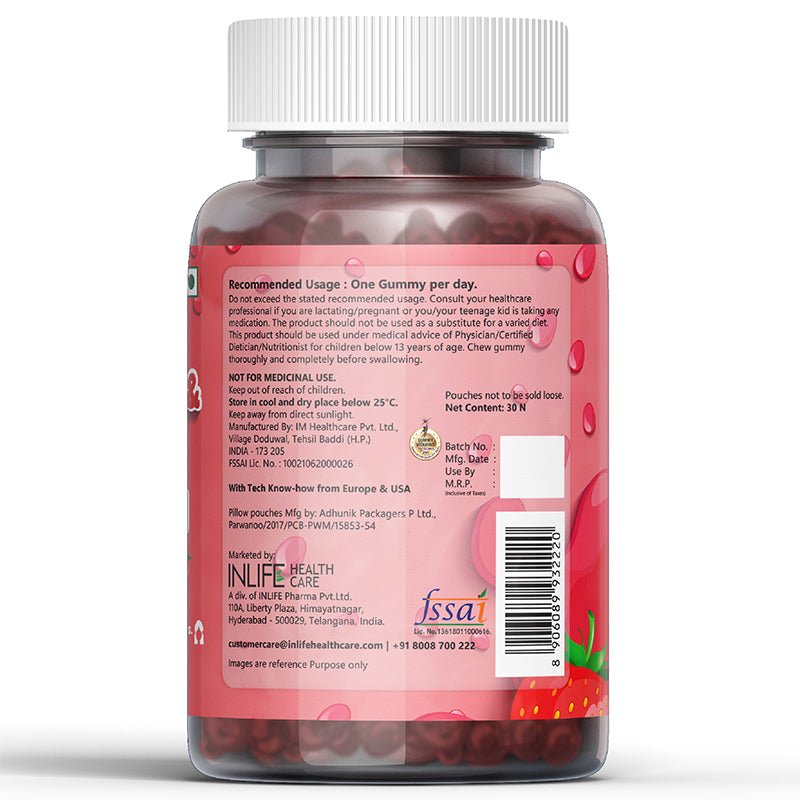 INLIFE Hair Skin & Nails Supplement with Biotin - 30 Gummies (Strawberry Flavour) - Inlife Pharma Private Limited