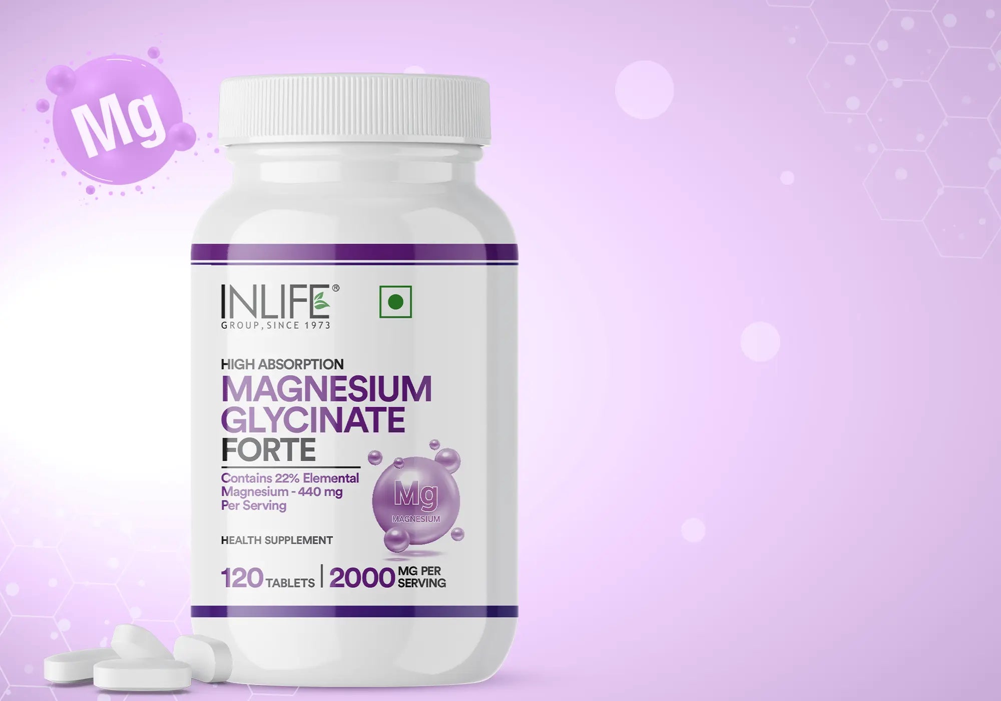 Inlife High Absorption Magnesium Glycinate Forte tablets bottle with tablets displayed, highlighting its gentle, bioavailable magnesium formula for daily wellness.