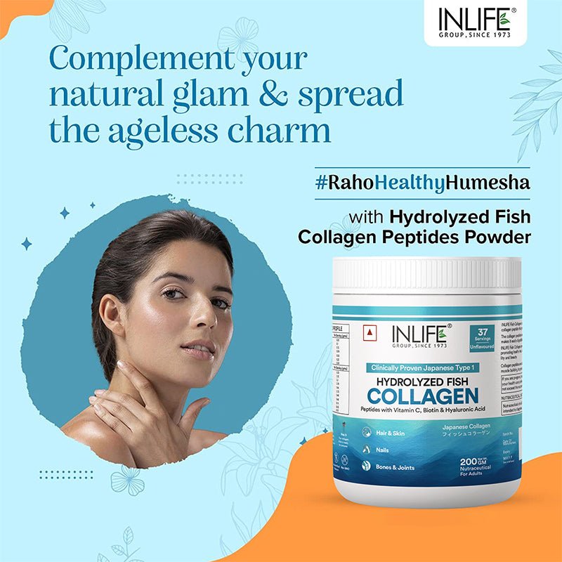 INLIFE Hydrolyzed Japanese Marine Fish Collagen Peptides Powder, Clinically Proven Ingredient, 200g (Unflavoured) - Inlife Pharma Private Limited