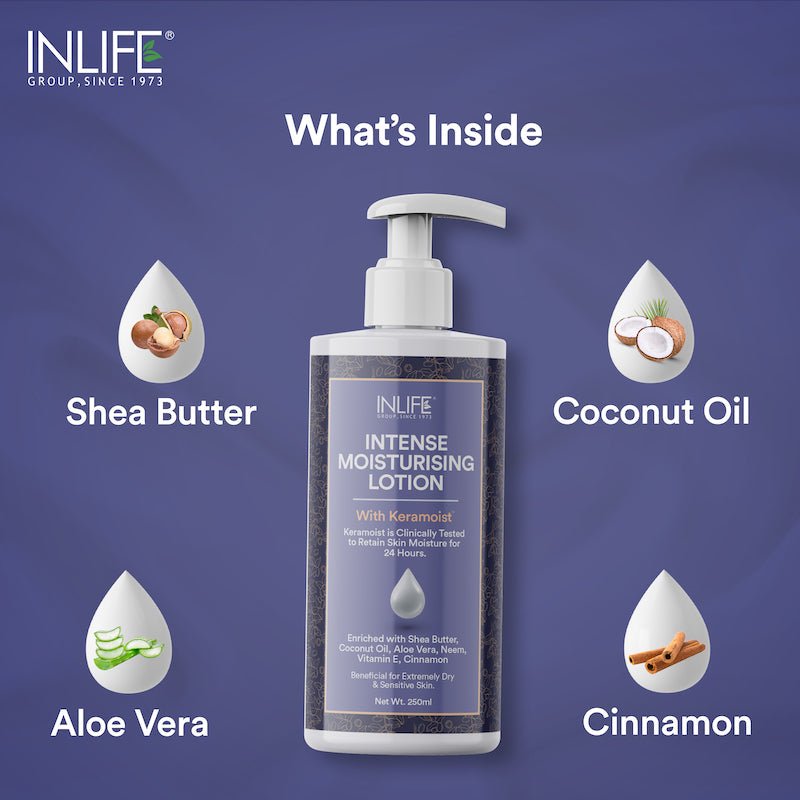 INLIFE Intense Moisturizing Lotion with Keramoist, Shea Butter, Coconut Oil, Aloe Vera, Neem, Vitamin E & Cinnamon - 250ml - Inlife Pharma Private Limited