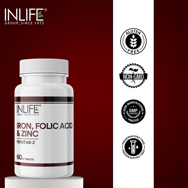 INLIFE Iron Folic Acid Zinc | Blood Builder for Men and Women - 60 Tablets - Inlife Pharma Private Limited