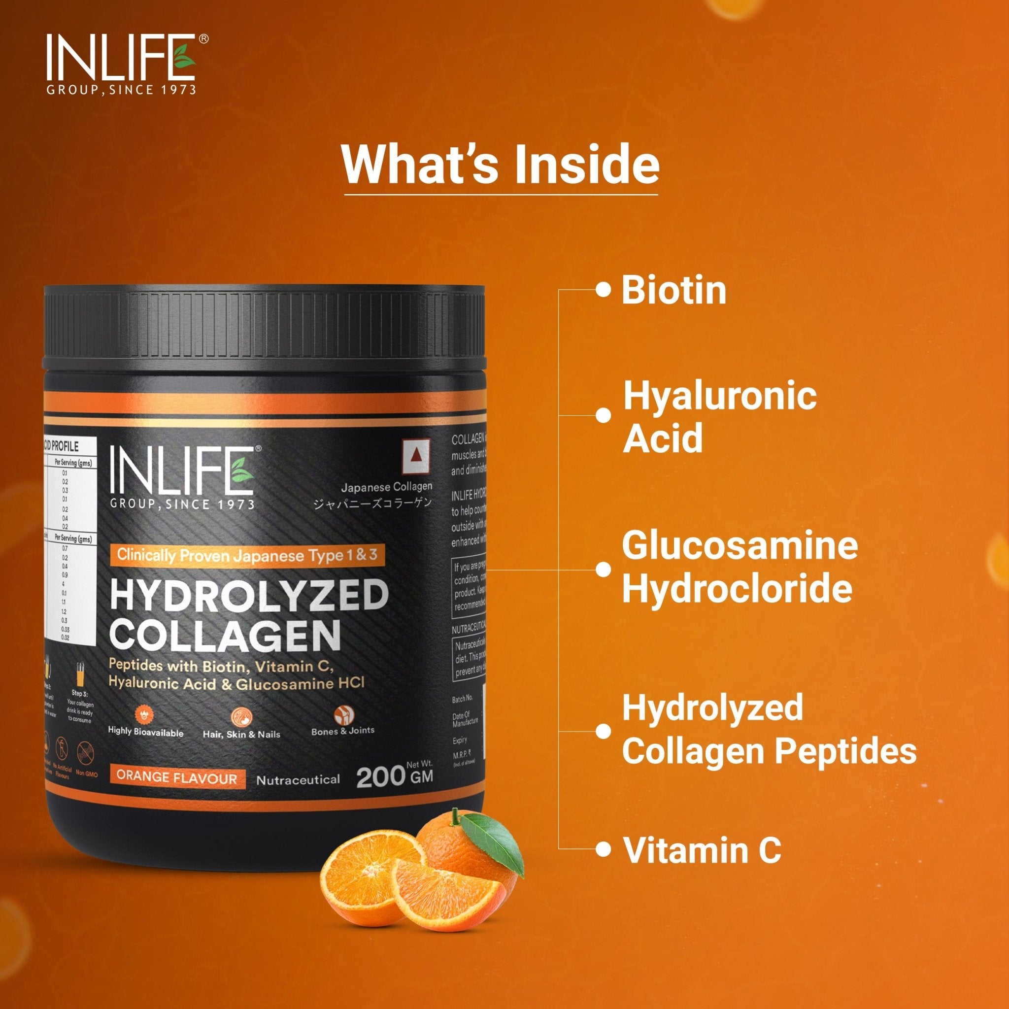 INLIFE Japanese Collagen Peptides with Biotin, Hyaluronic Acid & Glucosamine HCl, 200g - Inlife Pharma Private Limited
