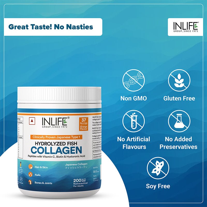 INLIFE Japanese Marine Collagen Supplements for Women & Men | Fish Collagen Powder for Skin & Hair | Clinically Proven Ingredient ( Fish Collagen, 200g) - Inlife Pharma Private Limited
