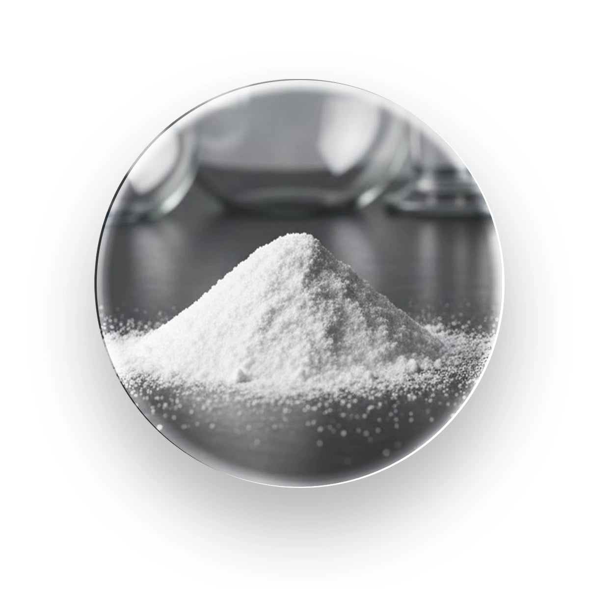 White pile of Magnesium Bisglycinate powder in a grayscale image suggesting chemical purity Chelated and Gentle nature and Better Absorption