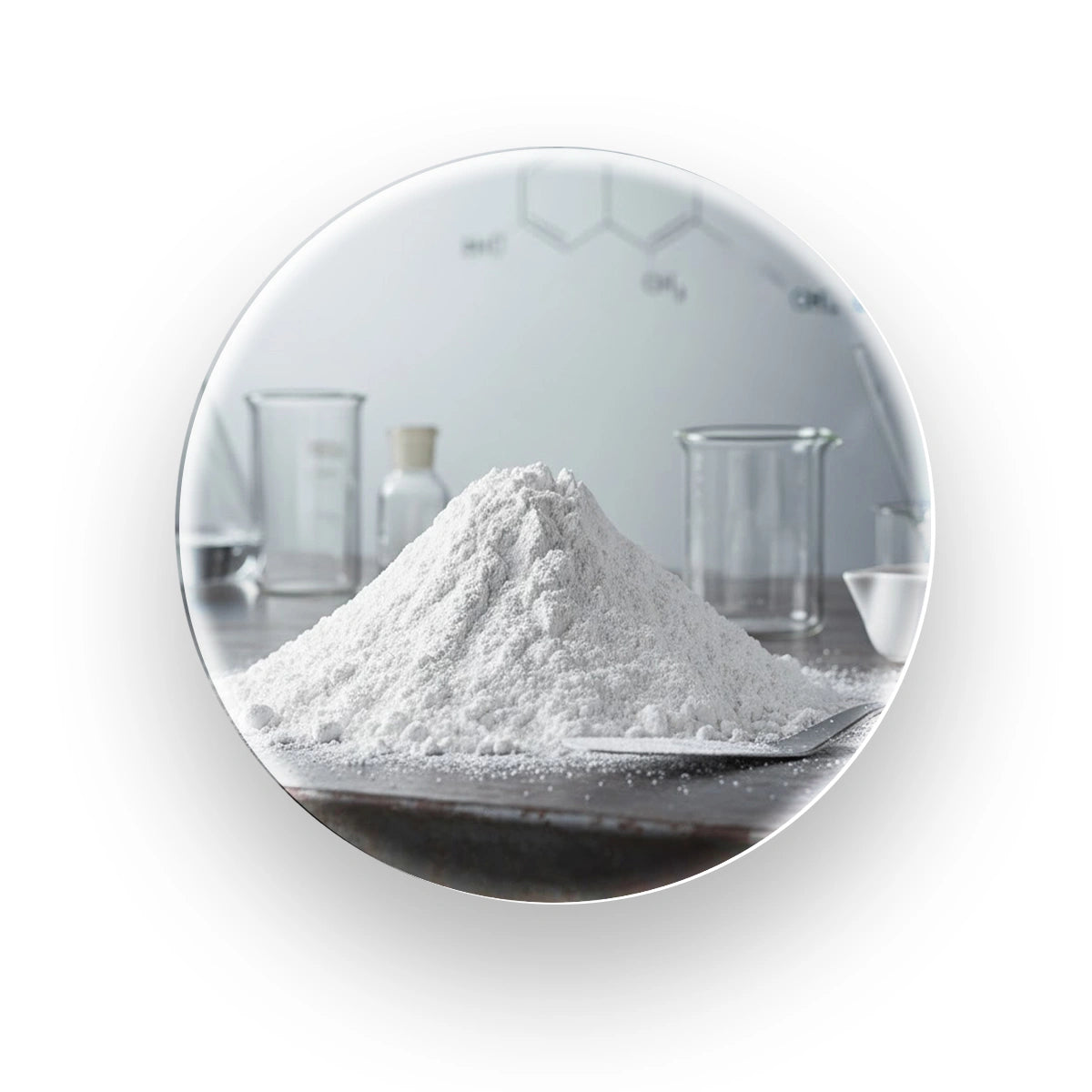 White pile of highly soluble Magnesium Citrate powder next to laboratory glassware