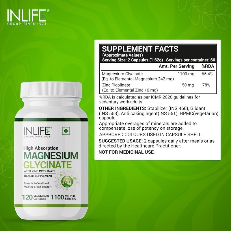 INLIFE Magnesium Glycinate Supplement - 120 Vegetarian Capsules - Inlife Pharma Private Limited
