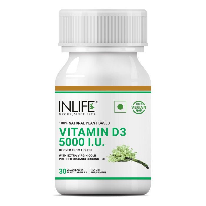 INLIFE Plant Based Vegan Vitamin D3 from Lichen, 5000 IU - 30 Vegetarian Capsules - Inlife Pharma Private Limited
