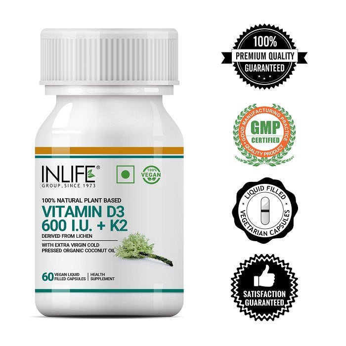 INLIFE Plant Based Vegan Vitamin D3 K2 Supplement, Lichen Source, 600 IU - 60 Capsules - Inlife Pharma Private Limited