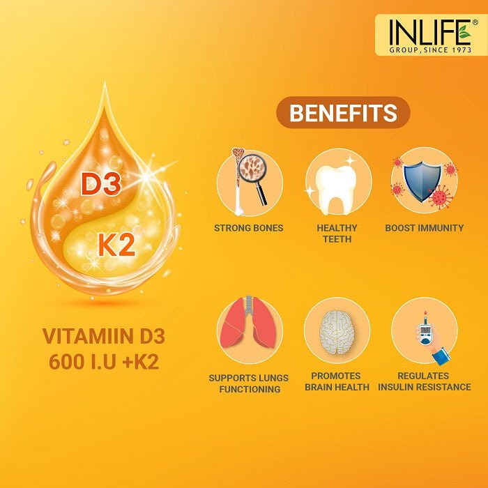 INLIFE Plant Based Vegan Vitamin D3 K2 Supplement, Lichen Source, 600 IU - 60 Capsules - Inlife Pharma Private Limited