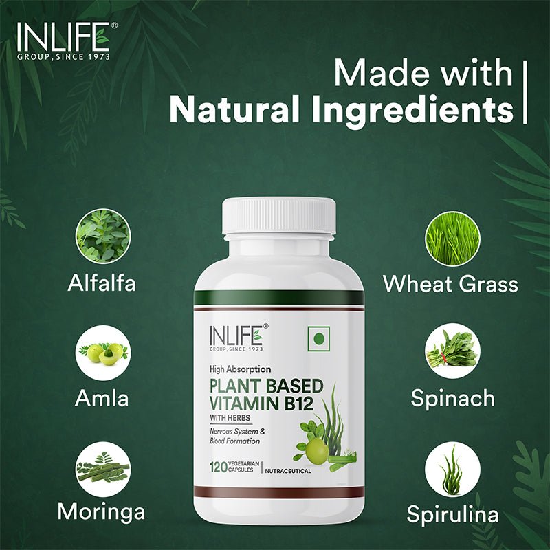 INLIFE Plant Based Vitamin B12 Vegan Supplement, High Absorption Superfoods - 120 Veg. Capsules - Inlife Pharma Private Limited
