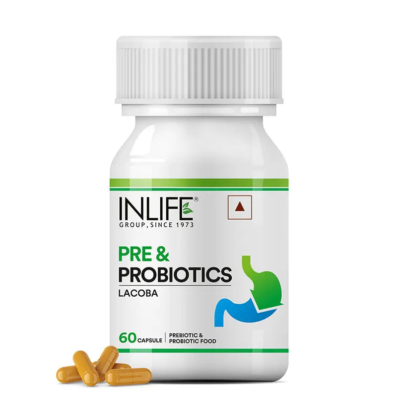 Pre & Probiotic capsules (2.75 Billion CFU) shown with supplement bottle and capsule image for gut health support.”